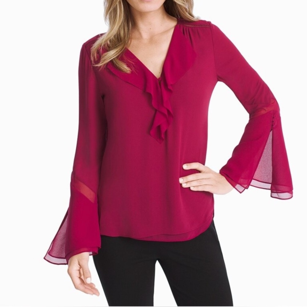 WHBM Feminine Pullover Top 10 Raspberry Ruffle Bell Sleeve Career Date